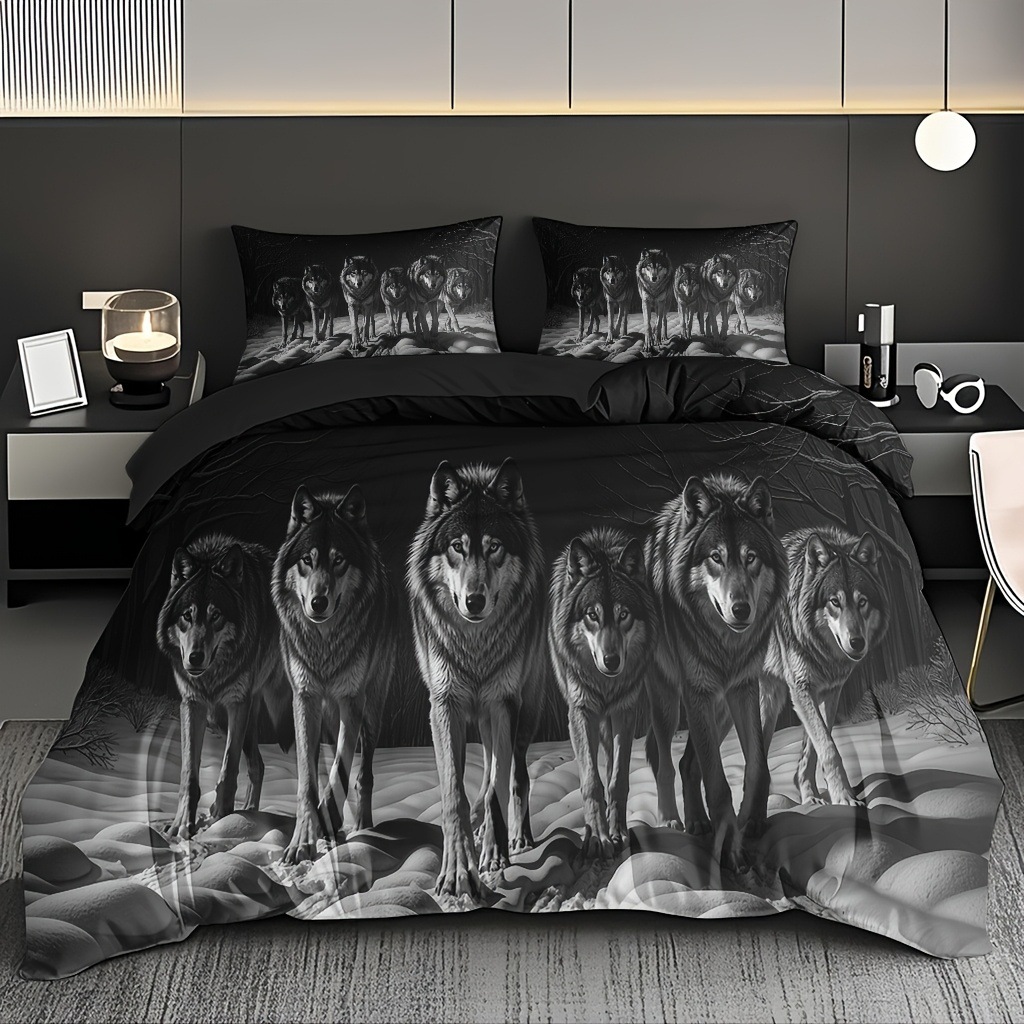 TEMU / JIT transfronterizo impresión digital abrasión edredón kit tridimensional animal lobo blanco estilo textil para el hogar dibujo puede hacer