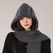 新款提花围巾一体巴拉克拉法针织帽子女秋冬保暖帽护耳毛线披肩帽