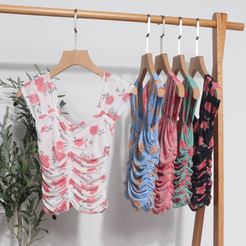 Navel-baring floral mesh camisole travel short style small square neck outer wear pleated sleeveless top 8871