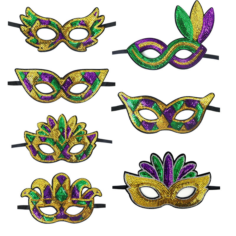 Nuevos productos transfronterizos Mardi Gras set de sequillas oro violeta verde fiesta de baile disfraz de bar espectáculo