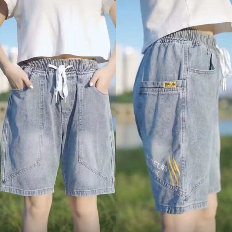 Ropa de trabajo pantalones cortos de mezclilla pantalones casuales de alta gama sueltos de verano para hombres pantalones de cinco puntos guapos de marca de moda retro lavados