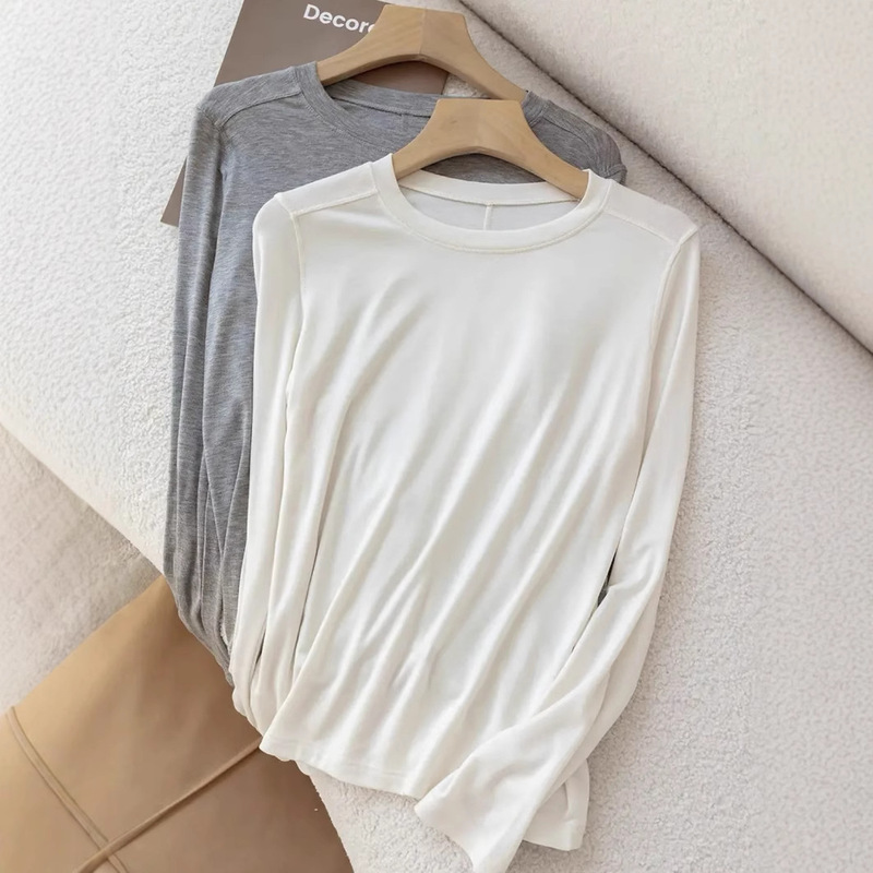 Lyocell Tencel Wool T-shirt Women's Round Neck Long Sleeve Spring and Summer Loose Slimming Sunscreen Base Top Women's Clothing