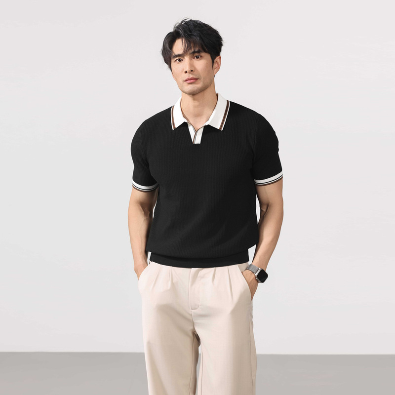 Spring and Summer American-Style V-Neck Polo Shirt, Old Money Style Knitwear, Short-Sleeved, Dark Gray