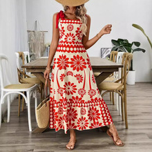 2025年亚马逊速卖通羊毛印花肩带夹腰长假休闲礼服连衣裙波西米亚