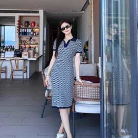女夏季辣妹修身polo领短袖格子薄款针织连衣裙弹力修身包臀过膝裙