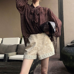ZHOYUE【钟灵】复古自制印花衬衫上衣女秋季法式飘带减龄洋气长袖