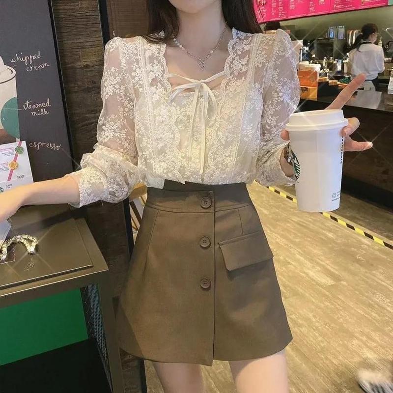 韩版早秋新款系绳蕾丝小上衣搭配吊带温柔减龄韩系风上衣女潮|undefined