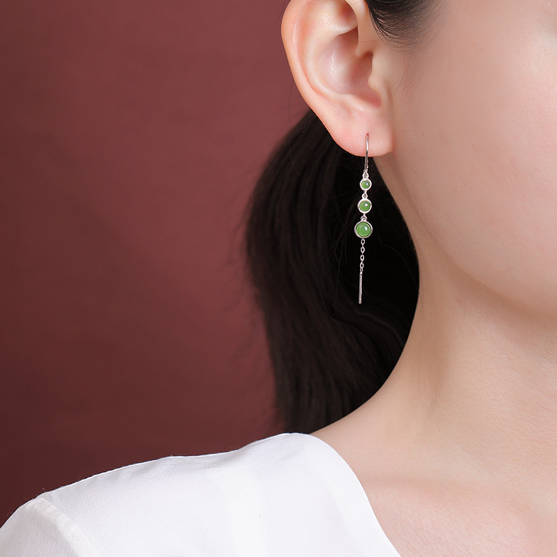 Khuyên tai nữ dài tua rua bạc S925 hình tròn — Một cặp