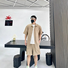 时尚简约衬衫套装男士2025年夏季新款休闲褶皱松紧短袖短裤两件套