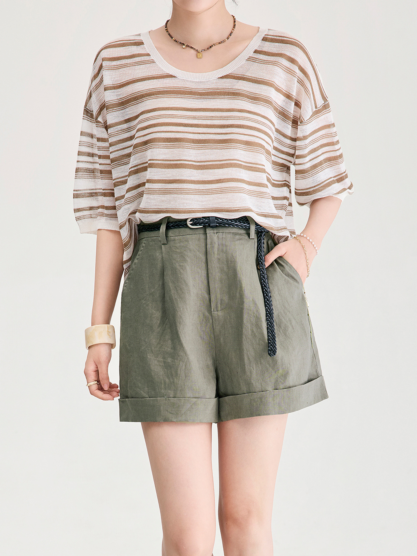 Quần short nữ kaki cạp cao ống suông chống nhăn phong cách công sở — Xanh lông mòng đen