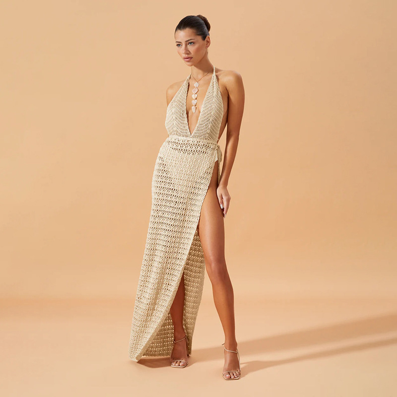 Nuevos productos en 2025!! Vestido de playa europeo y americano, vestido de baño de playa de alta abertura de punto sexy de color sólido para mujer