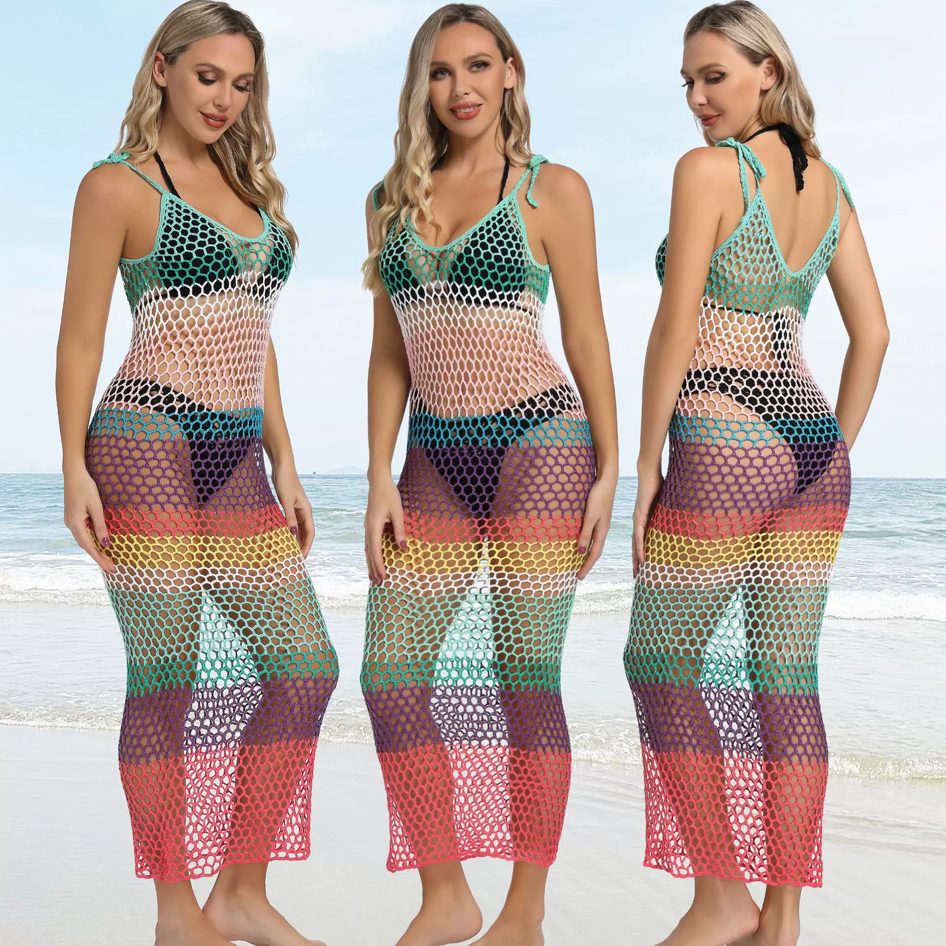 2023欧美新款手钩沙滩罩衫波西米亚纯手工针织渔网镂空比基尼裙