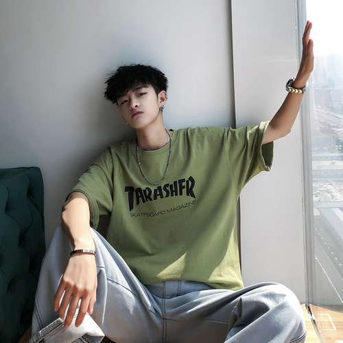 Men's trendy T-shirt, Korean style, Hong Kong fashion, popular influencer clothes, men's 5.5-inch half-sleeve, Instagram short sleeve, men's loose clothing