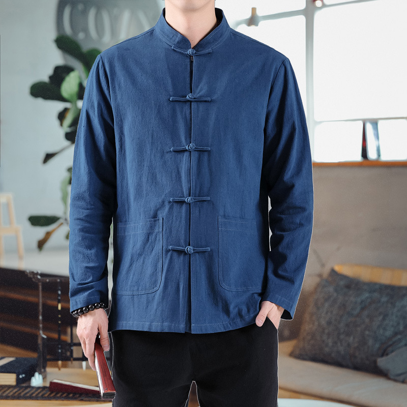 New Chinese Style Linen Shirt Men's Chinese Style Men's Clothing Chinese Element plus size Coat Cotton and Linen Buckle Dao Robe Han Clothes