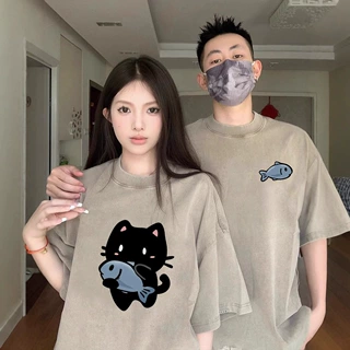 猫爱鱼特别的网红情侣装夏季潮牌2025新款高级感小众短袖t恤套装