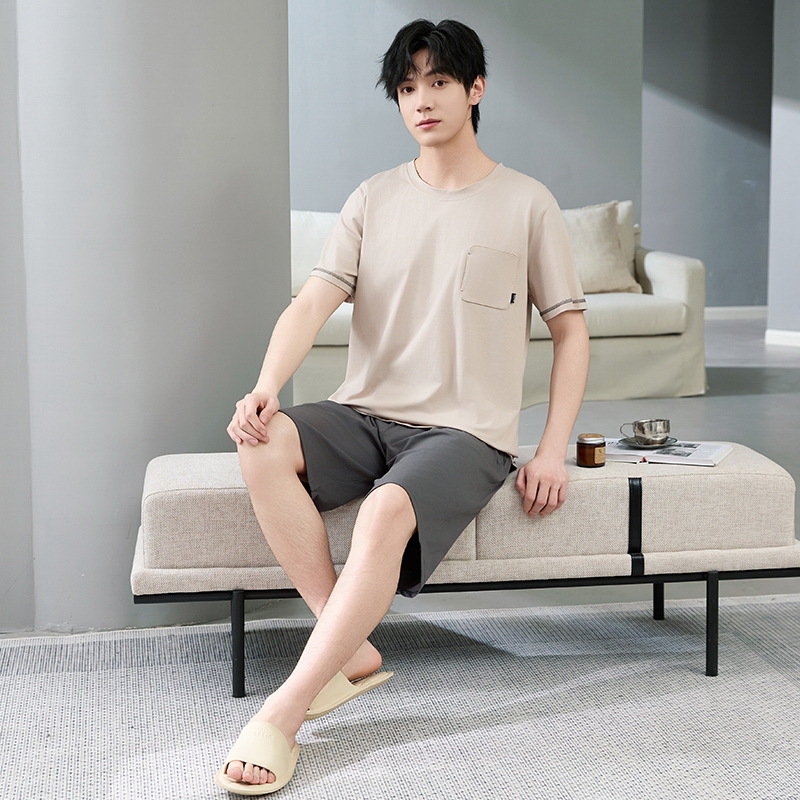 Pijamas de hombre verano algodón de manga corta cuello redondo suelto talla grande marco de tracción de verano algodón fresco traje de servicio a domicilio para niños