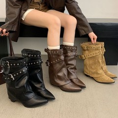秋冬新款靴子女中筒靴尖头皮带扣西部裤管靴炸街潮