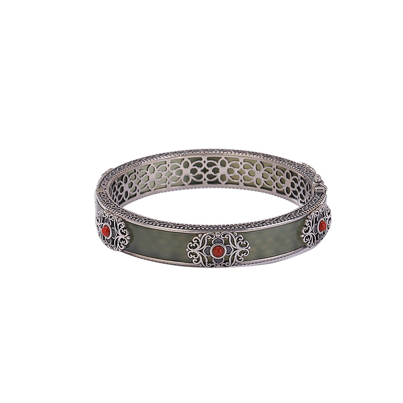 Vòng tay bạc S925 đính ngọc Hetian và sapphire đỏ phong cách retro Trung Hoa — một mảnh