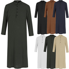 Cross-border Muslim new solid-color long-sleeved button-down dress dress casual robe Middle Eastern round neck long loose