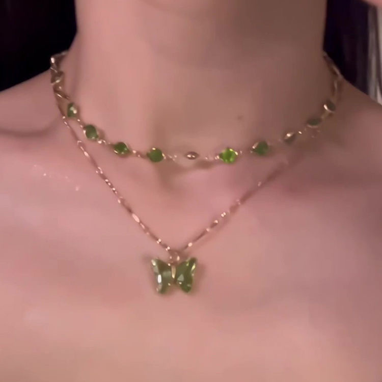 Mountain Forest Honey Language ~ Mori Green Butterfly Double Layer Overlapped Necklace 2024 Niche Temperament Summer All-match Clavicle Chain Women
