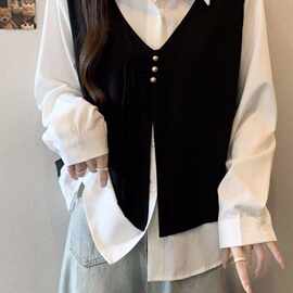 大码女装遮肚子假两件小香风马甲衬衫女秋季胖mm显瘦正肩长袖上衣