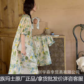 族玛士碎花睡裙女夏薄款全棉复古睡衣宽松可外穿家居服165/180
