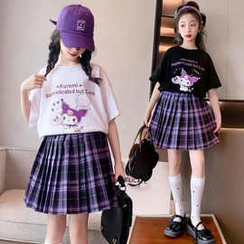 女童夏季新款套装裙卡通学院风中大童学生短袖套头两件套夏天童装