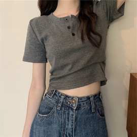 纯色短款打底衫女夏韩国女装休闲短袖t恤女扣子半开领修身上衣女