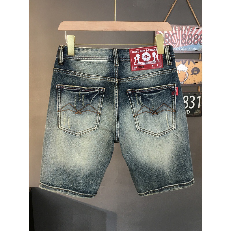 Vintage Blue Denim Shorts for Men, Heavy Washed Retro Biker Style Distressed Five-Point Shorts, American Casual Mid-Length Shorts for Men