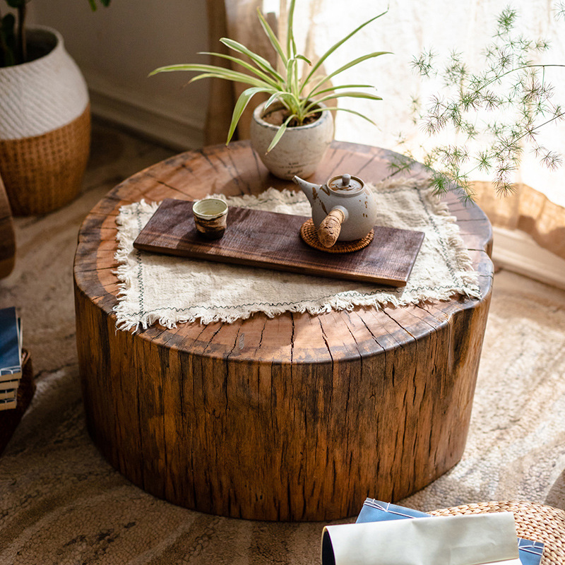 侘寂风原木圆形茶几文艺圆桌边几创意木墩坐凳墩子花架民宿木墩凳