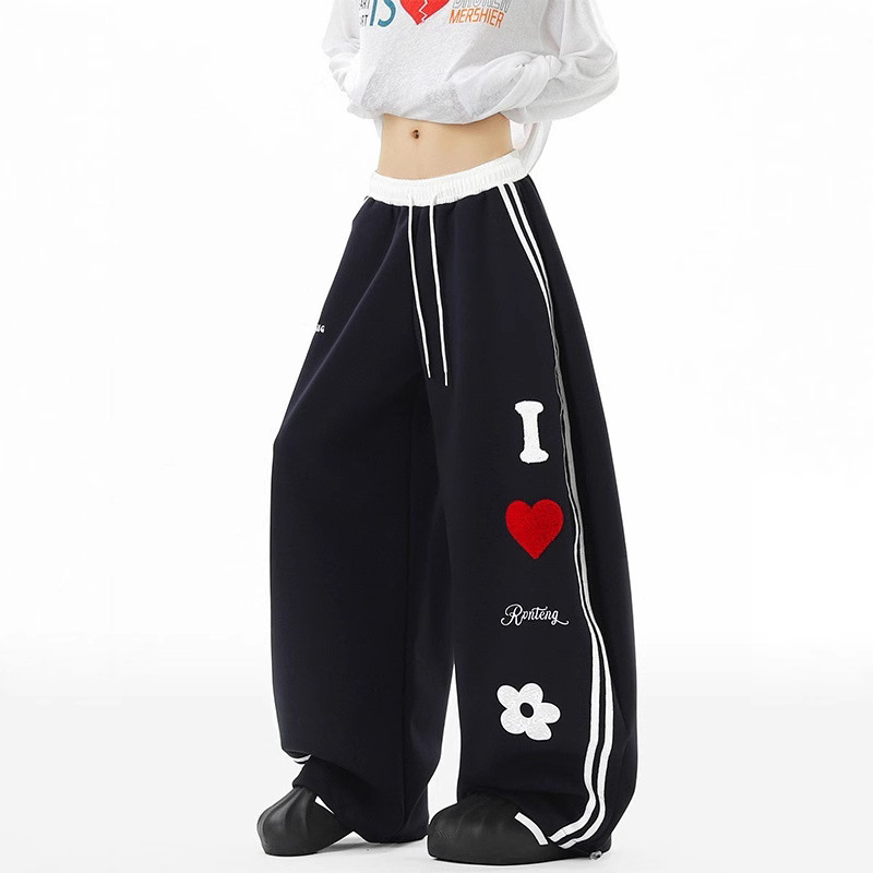 Jennie's Same Style Three-Stripe Heart Letter Sweatpants for Men and Women, Autumn Heavy Design Wide-Leg Casual Pants