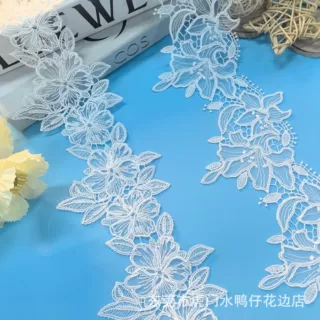 工厂批发白色网纱细涤光丝激光刺绣花边条码童装领口袖口花边辅料