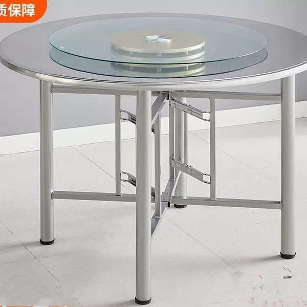 Thickened Stainless Steel Rotating Round Table Folding Table Garden Table Rotating Barbecue Table for 8-10 People Small Round Table Canteen Dining Table