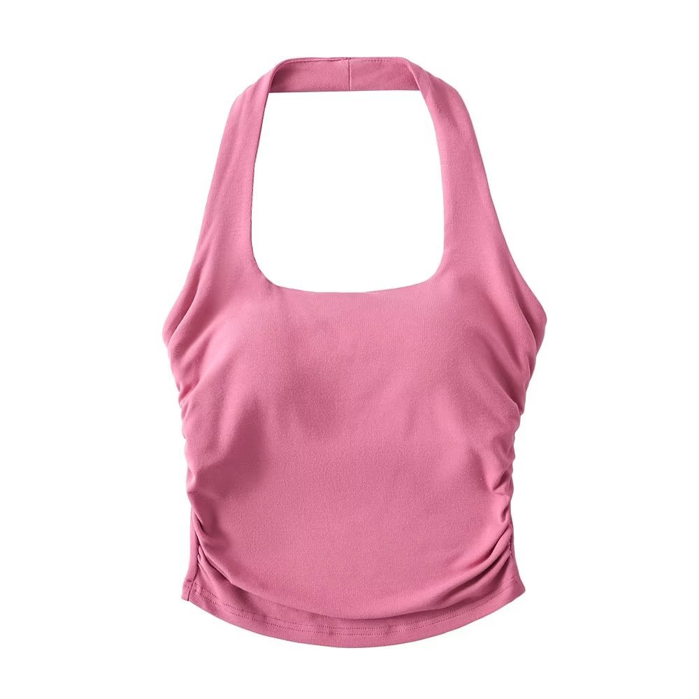 辣妹純欲夏季加胸墊褶皺掛脖背心 露背短款無袖打底上衣