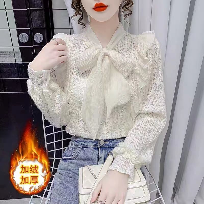 2025法式蝴蝶结加绒加厚蕾丝衫系带衬衫秋冬荷叶边长袖打底上衣|undefined