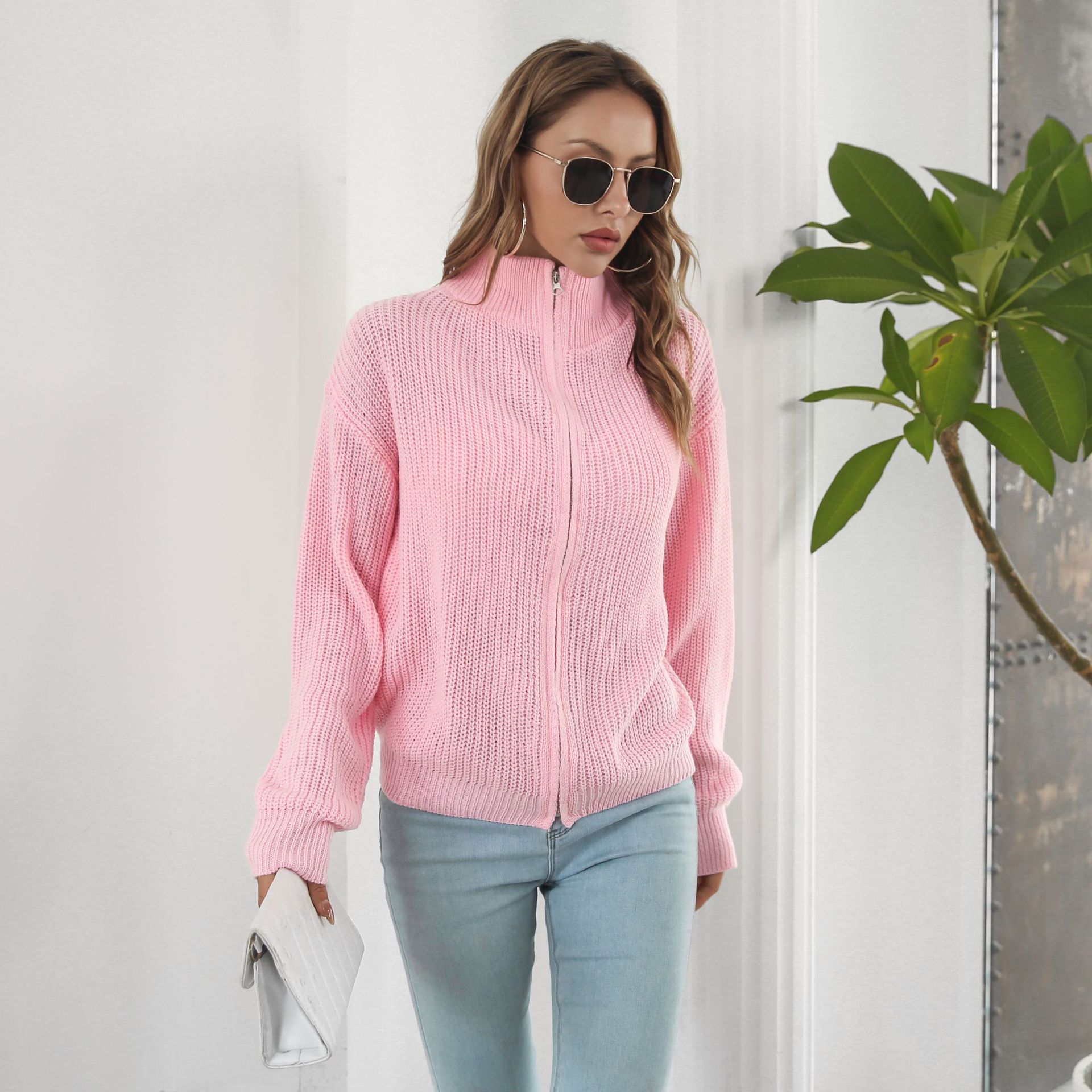 Aria Basics Strickjacke mit Reißverschluss, Stehkragen, lockerer Strick, lange Ärmel, Herbst/Winter 2022, europäisch-amerikanisch inspiriert_voghion.com