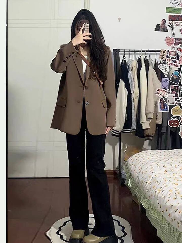 Áo vest nữ dáng rộng cổ vest tay dài phong cách thanh lịch — Màu cà phê, đen chi tiết 4