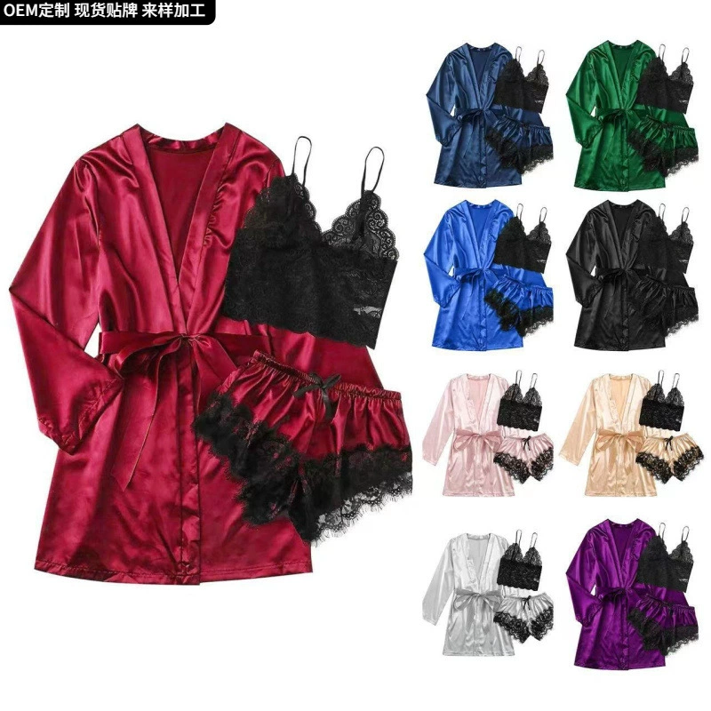 3-Piece Silk-Look Satin Pajama Set, Tube Top + Robe + Shorts, European Style, Lift Effect