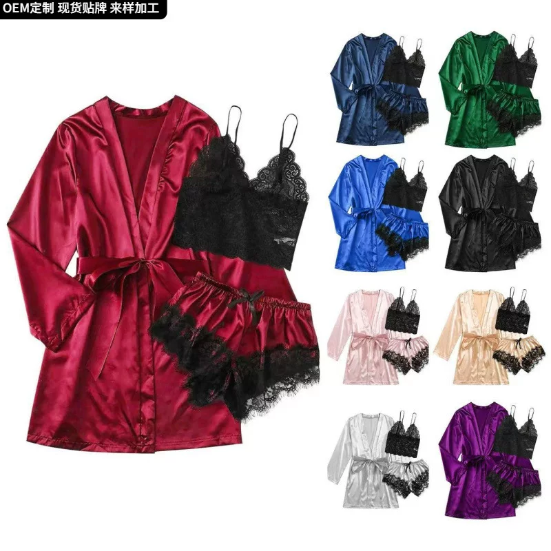 3-Piece Silk-Look Satin Pajama Set, Tube Top + Robe + Shorts, European Style, Lift Effect