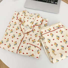 云朵棉细纱可爱睡衣女秋冬新款长袖卡通红熊熊少女家居服两件套装