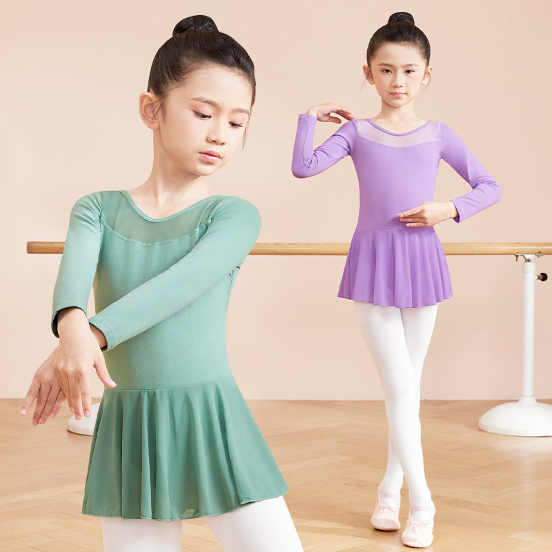 Ropa de baile para niños, ejercicios corporales de manga larga, exámenes de otoño, costura de malla de manga larga, falda de ballet, ropa de actuación
