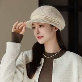 帽子女秋冬季八角帽针织毛线帽冬天保暖时尚贝雷帽韩版百搭兔毛帽