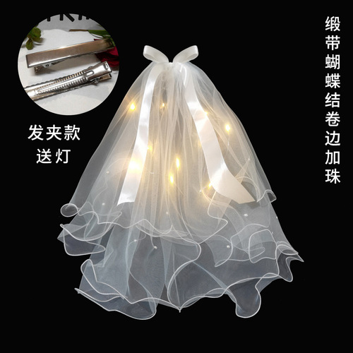 Internet celebrity luminous veil with lights double-layered pearl veil ribbon bow children's luminous veil headwear