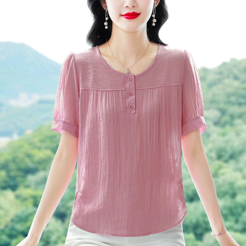 Middle-Aged and Elderly Women's Short-Sleeved T-Shirts, New Style Mom Summer Shirts, Loose Belly-Covering Slimming Look Fashionable Tops