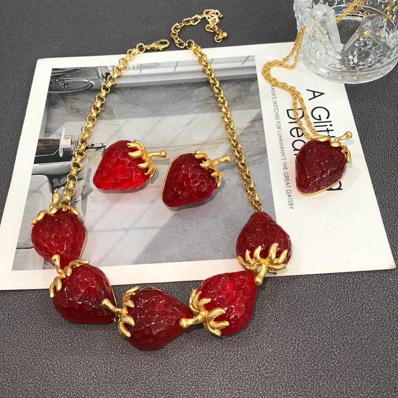 Artificial Gemstones Inlay Material Sweet Strawberry Alloy Plating Artificial Gemstones Women's Earrings Necklace