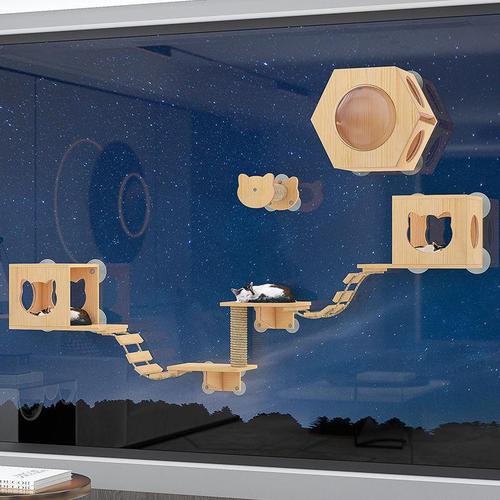 Solid wood cat wall suction cup cat climbing frame glass cat wall punch-free wall-type jumping platform springboard ladder cat furniture white