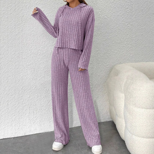 European and American Autumn/Winter Casual Knitted Long-Sleeved Set: Women's Hoodie with Drawstring and Loose-Fitting Pants—Two-Piece Set