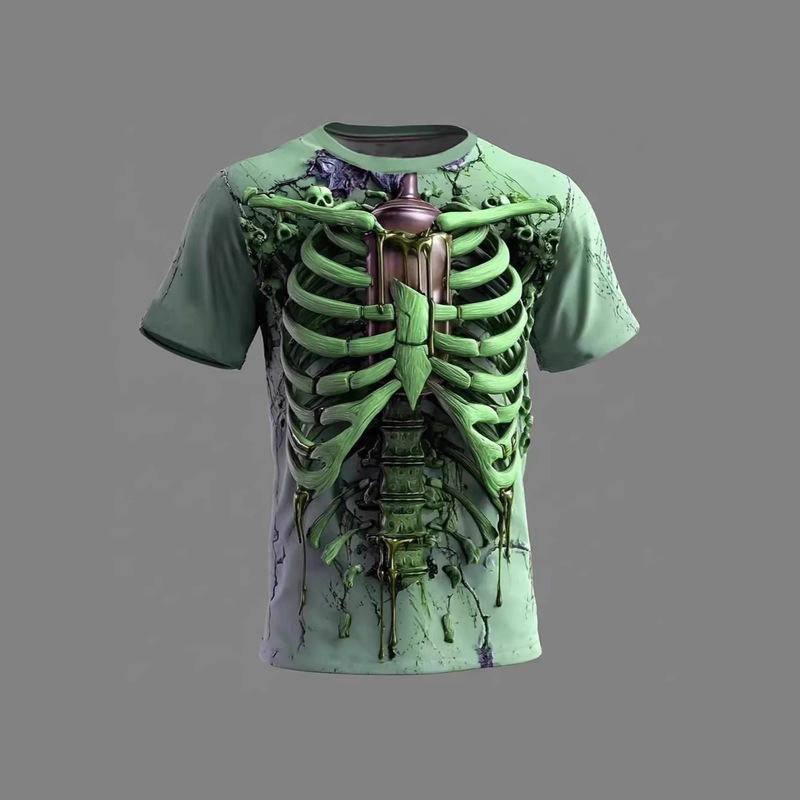 Fun 3D Skull Pattern Men's T-Shirt Halloween Cosplay Casual Round Neck Top Fashion Loose T-Shirt