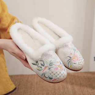 [Meow Mi] 2023 Winter Velvet Old Beijing Cotton Women's Slippers Ethnic Style Embroidered Home Slippers Women