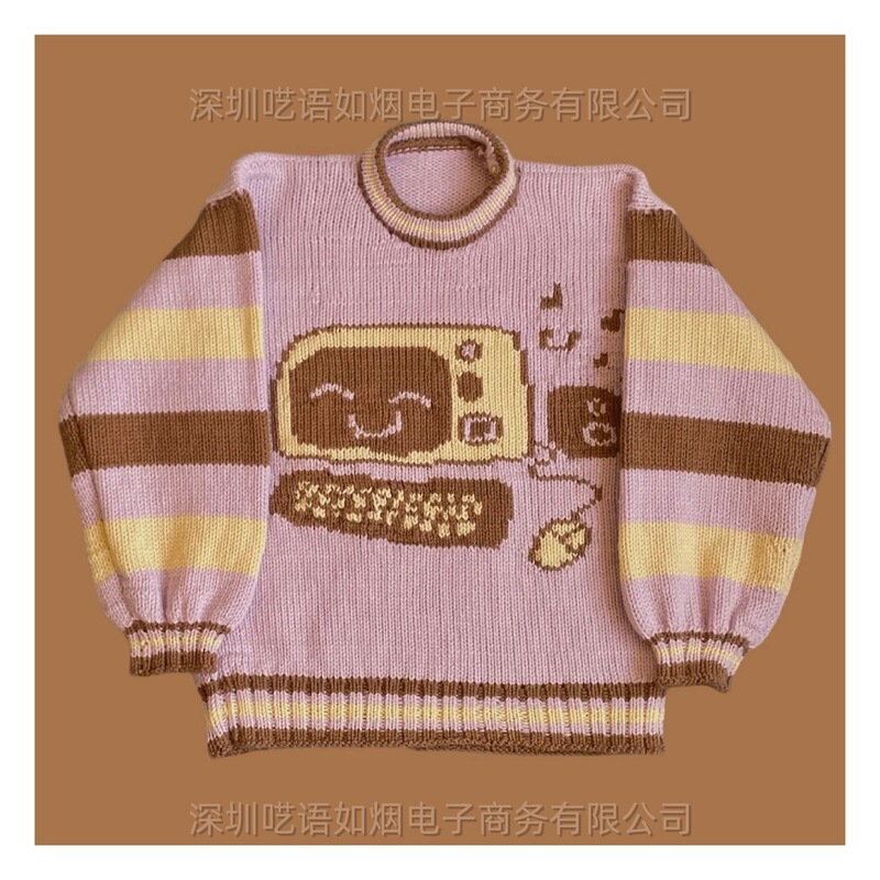 Y2K retro fun computer cartoon jacquard sweater, color-blocked striped half-high collar loose vintage-style knitwear